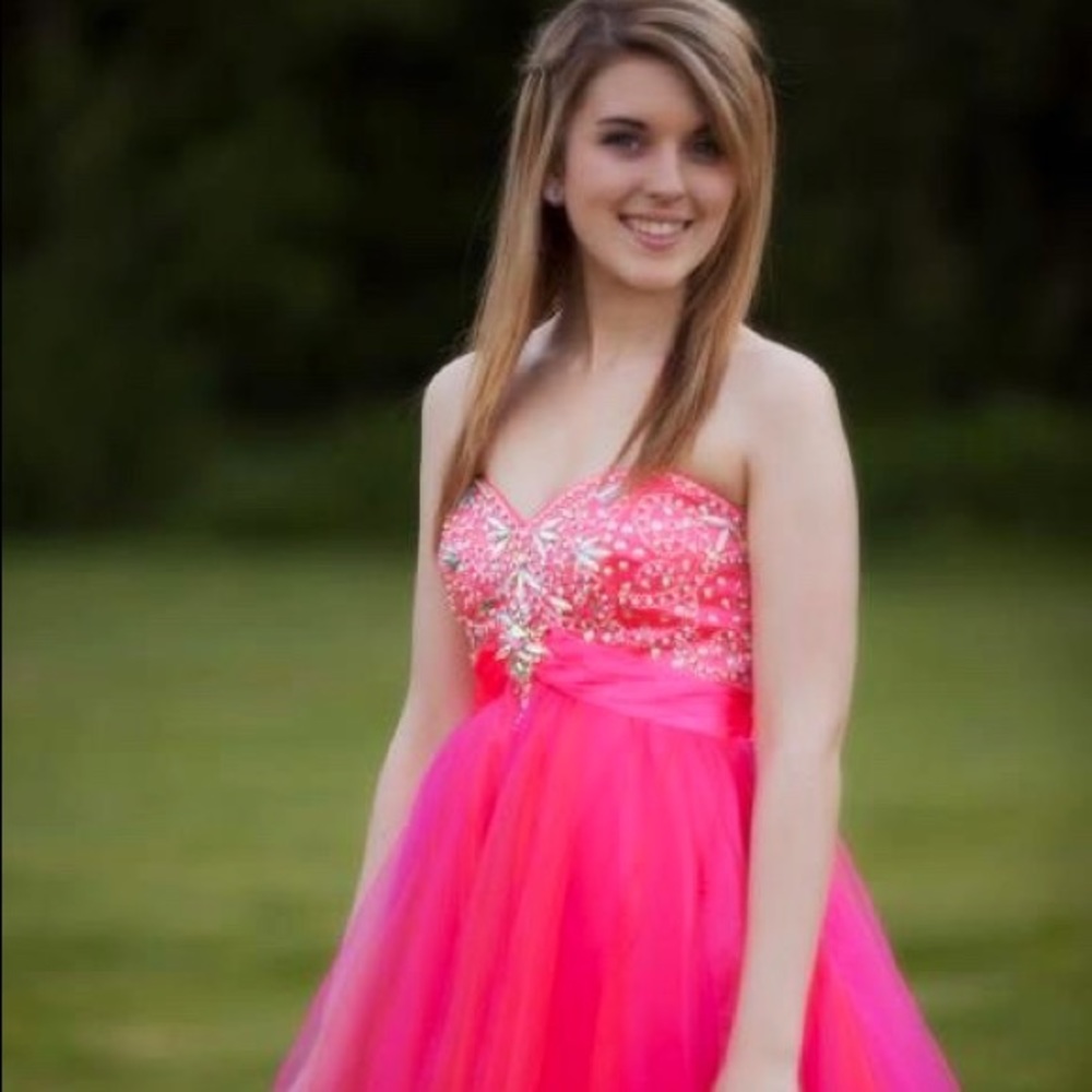 Hot pink with orange undertone prom dress